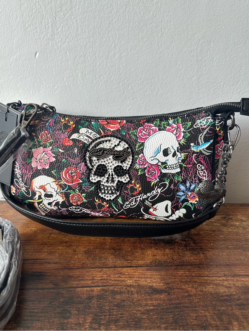 Ed Hardy Black Floral Skull Shoulder or Crossbody Bag with Rhinestone Accent NWT